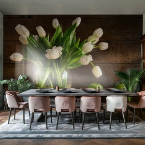 Tapet Standard Eco - Lalele albe într-o vază de sticlă și mere verzi pe lemn - 100x70cm - Suculente și proaspete în verde și alb - Decorațiune modernă pentru perete pentru living și dormitor ARTTOR