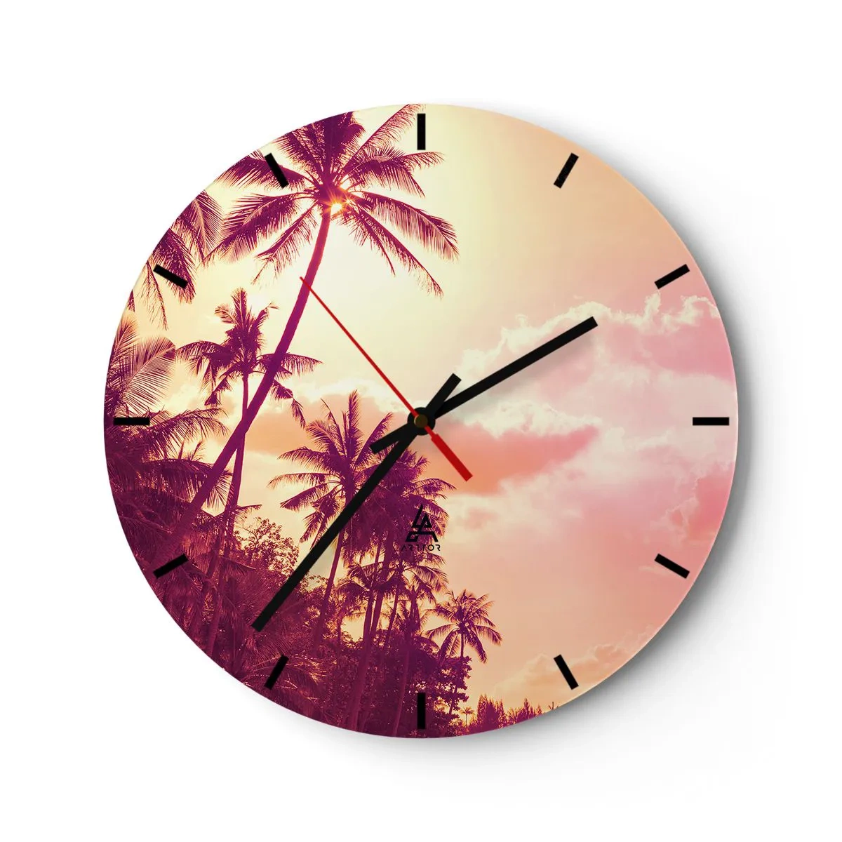 Ceas de perete - Ceas pe sticlă - Palmieri pe cer la apus - 30x30cm - Trebuie să alegeți - Decorațiune modernă pentru perete pentru living, bucătărie și dormitor ARTTOR