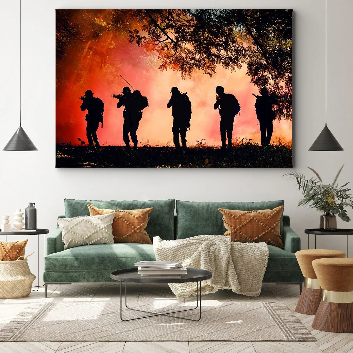 Tablou pe pânză Canvas - Siluete de soldați în pădure pe fundalul cerului portocaliu - 70x50cm - ...Toți pentru unul. - Decorațiune modernă pentru perete pentru living și dormitor ARTTOR