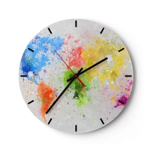 Ceas de perete - Ceas pe sticlă - hartă colorată a lumii sub formă de pete de acuarelă - 30x30cm - Toate culorile lumii - Decorațiune modernă pentru perete pentru living, bucătărie și dormitor ARTTOR