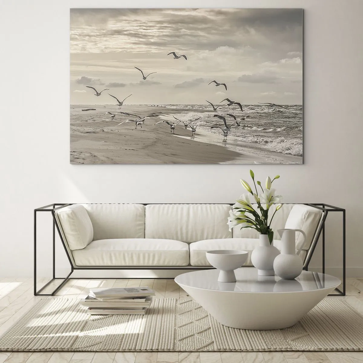 Tablou pe sticlă - Păsări pe malul mării în zori în tonuri sepia - 70x50cm - Marea zumzăie, păsările cântă - Decorațiune modernă pentru perete pentru living și dormitor ARTTOR