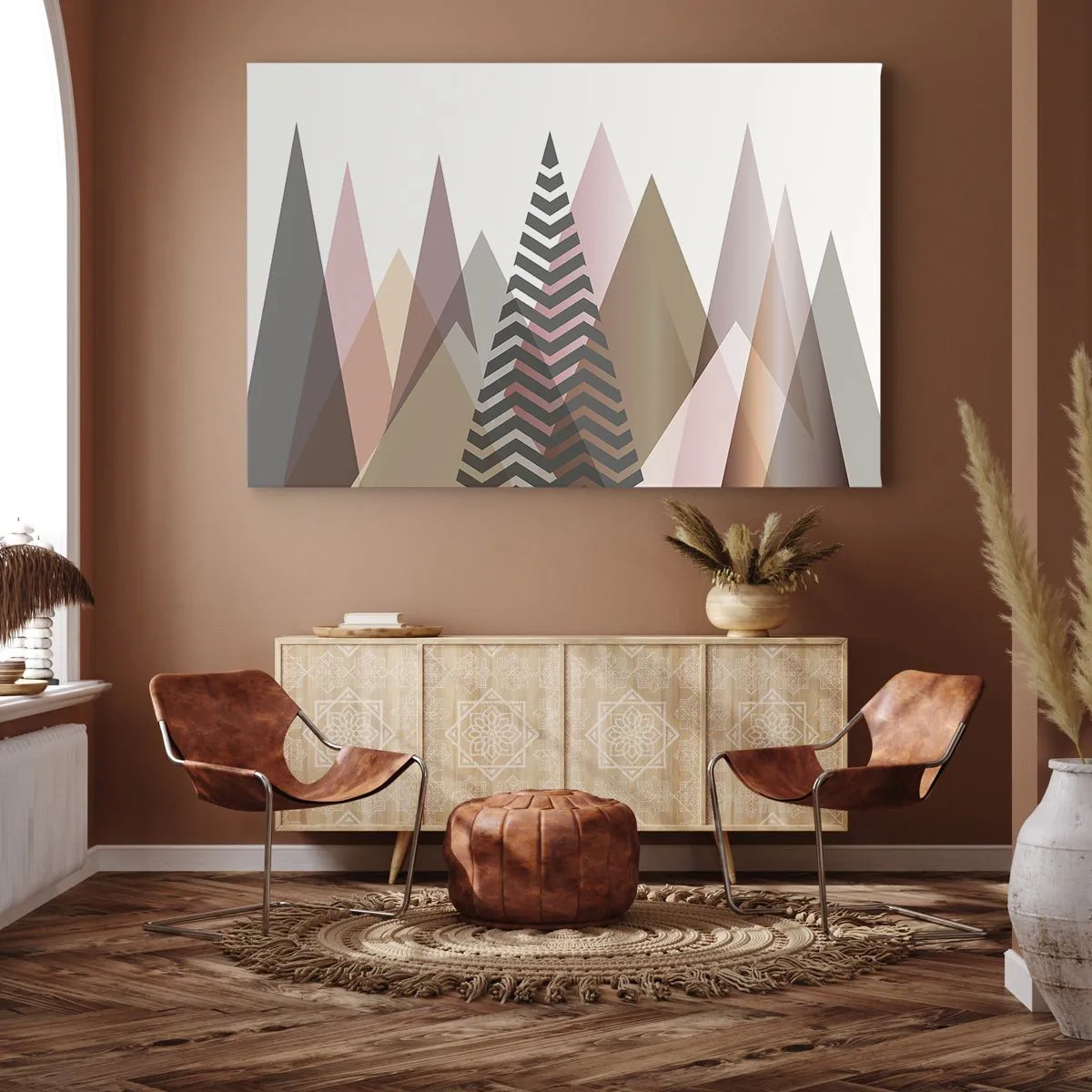 Tablou pe pânză Canvas - Munți geometrici colorați în nuanțe pastelate - 70x50cm - Construcție piramidală - Decorațiune modernă pentru perete pentru living și dormitor ARTTOR