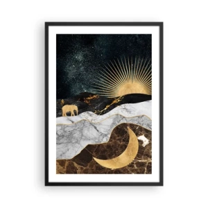 Poster în ramă neagră - Peisaj auriu cu lună, soare și silueta unui elefant - 50x70cm - Drepturi eterne - Decorațiune modernă pentru perete pentru living și dormitor ARTTOR