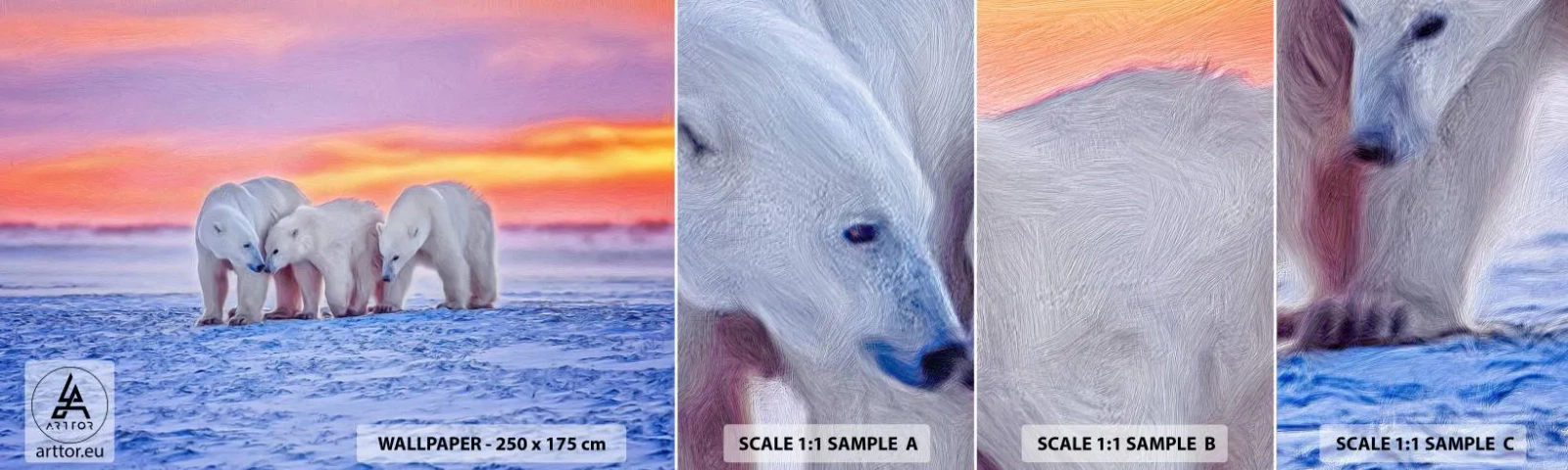 Mostră de Tapet Standard Eco - Căldura familiei este suficientă - Animale, Urs polar, Zăpadă - 100x30 cm