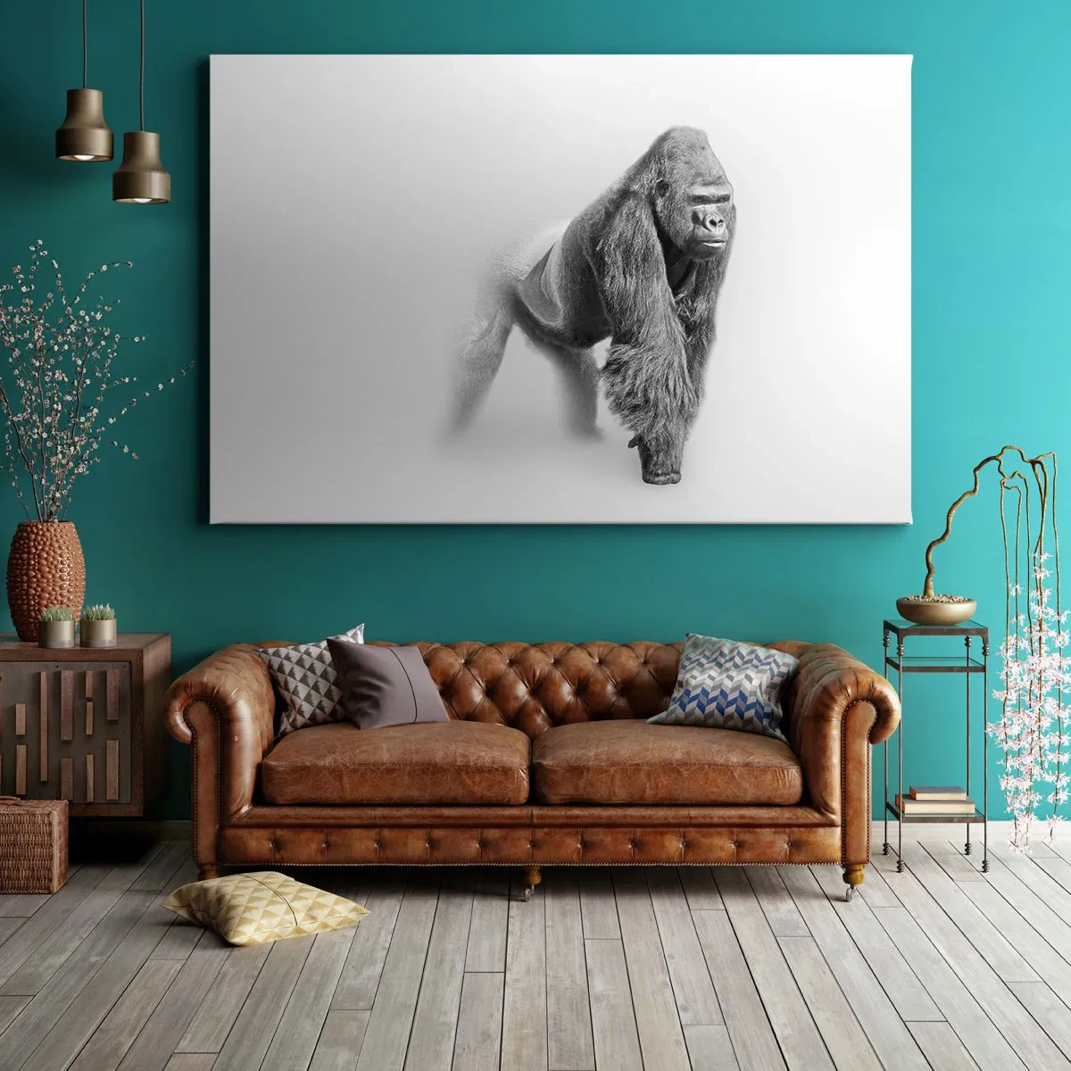 Tablou pe pânză Canvas - Gorilă în tonuri monocrome pe fundal alb - 70x50cm - Încrezător în puterea lui - Decorațiune modernă pentru perete pentru living și dormitor ARTTOR