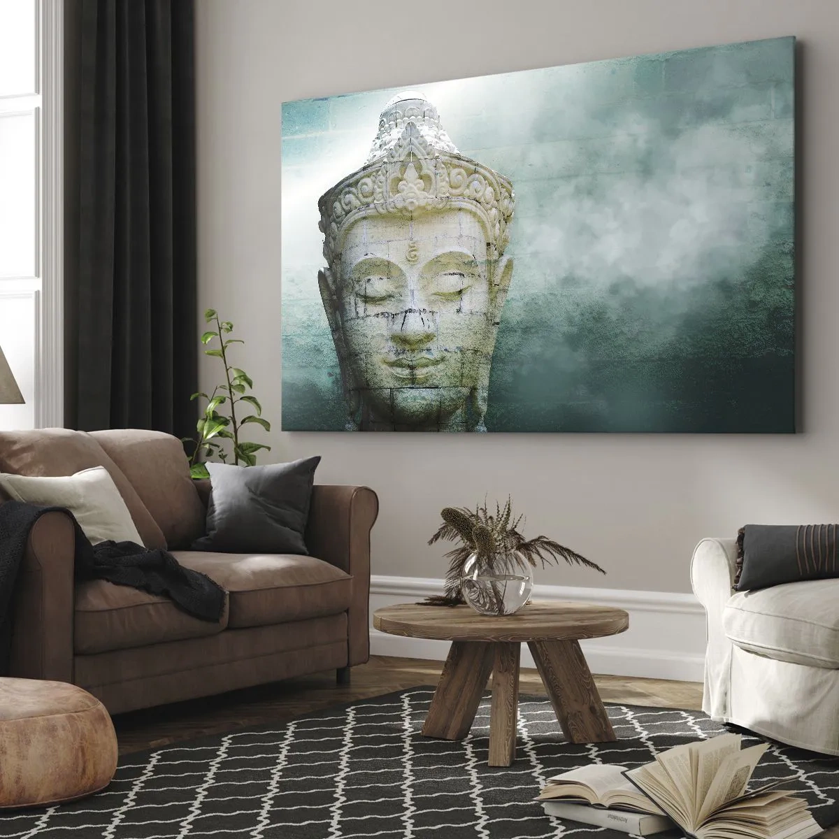 Tablou pe pânză Canvas - Statuie de Buddha cu o ceață blândă pe un fundal verde - 70x50cm - Căutând iluminarea - Decorațiune modernă pentru perete pentru living și dormitor ARTTOR
