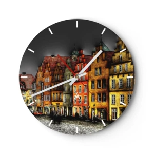 Ceas de perete - Ceas pe sticlă - Case de locuit colorate pe fundalul cerului întunecat - 30x30cm - Doar o trăsură fermecată mai lipsește - Decorațiune modernă pentru perete pentru living, bucătărie și dormitor ARTTOR