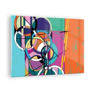 Tablou pe sticlă - Abstracție colorată cu forme geometrice și cercuri - 70x50cm - Roată cu roată - Decorațiune modernă pentru perete pentru living și dormitor ARTTOR