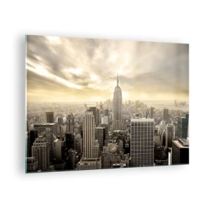 Tablou pe sticlă - Panoramă a orașului cu zgârie-nori și Empire State Building - 70x50cm - New York țesut din gri - Decorațiune modernă pentru perete pentru living și dormitor ARTTOR