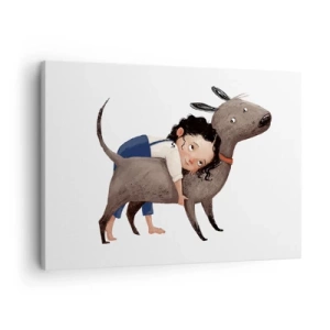 Tablou pe pânză Canvas - Ilustrație în stil desen animat a unui copil care îmbrățișează un câine - 70x50cm - Cei mai buni prieteni - Decorațiune modernă pentru perete pentru living și dormitor ARTTOR