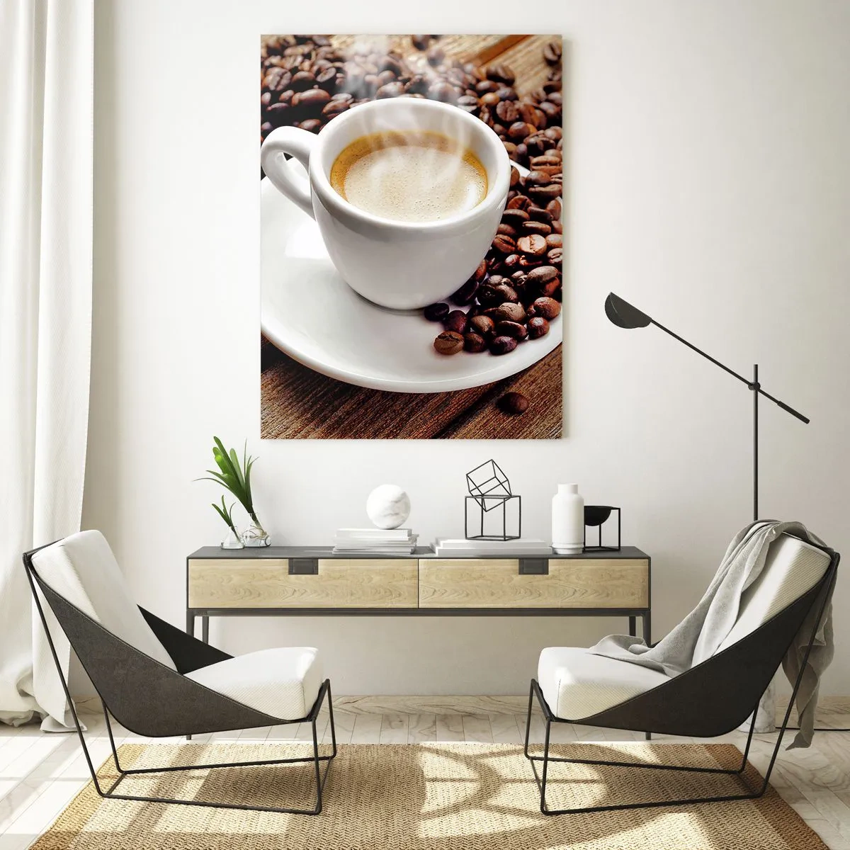 Tablou pe sticlă - Cafea pe bancă - 50x70 cm