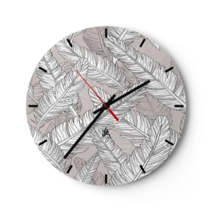 Ceas de perete - Ceas pe sticlă - Frunze de bananier alb-negru pe un fundal deschis - 30x30cm - Vijelie cu pene - Decorațiune modernă pentru perete pentru living, bucătărie și dormitor ARTTOR