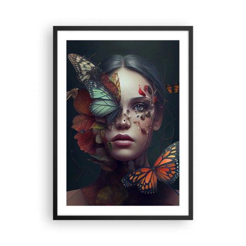 Poster în ramă neagră - Portretul unei femei cu fluturi și frunze - 50x70cm - Transformare minunată - Decorațiune modernă pentru perete pentru living și dormitor ARTTOR