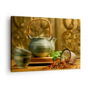 Tablou pe pânză Canvas - Cană ceramică cu cești și ceai uscat - 70x50cm - Un tratat despre consumul de ceai - Decorațiune modernă pentru perete pentru living și dormitor ARTTOR