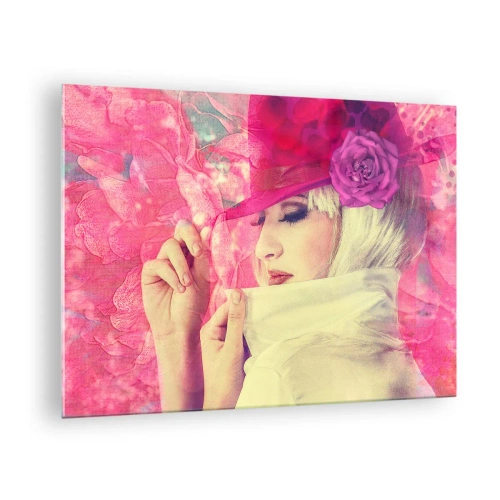 Tablou pe sticlă - Ilustrație a unei femei cu o pălărie roz și o floare în fundal - 70x50cm - Portret retro în roz - Decorațiune modernă pentru perete pentru living și dormitor ARTTOR
