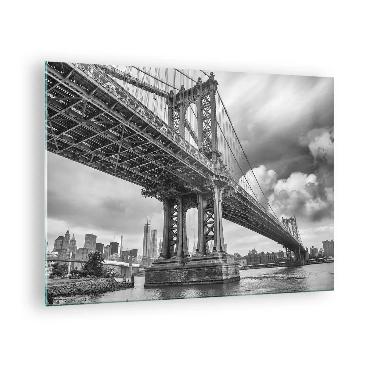 Tablou pe sticlă - Un pod suspendat într-un cadru monocromatic - 70x50cm - Spre inima orașului - Decorațiune modernă pentru perete pentru living și dormitor ARTTOR