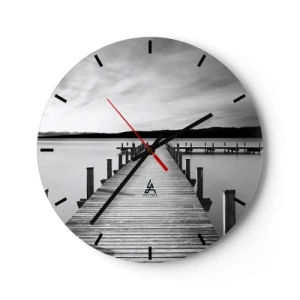 Ceas de perete - Ceas pe sticlă - Un dig de lemn care duce în adâncurile unui lac liniștit - 30x30cm - La adăpostul apei - pace - Decorațiune modernă pentru perete pentru living, bucătărie și dormitor ARTTOR