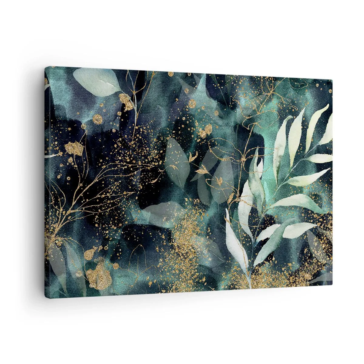 Tablou pe pânză Canvas - Frunze elegante pe un fundal închis cu accente aurii - 70x50cm - Grădina fermecată - Decorațiune modernă pentru perete pentru living și dormitor ARTTOR