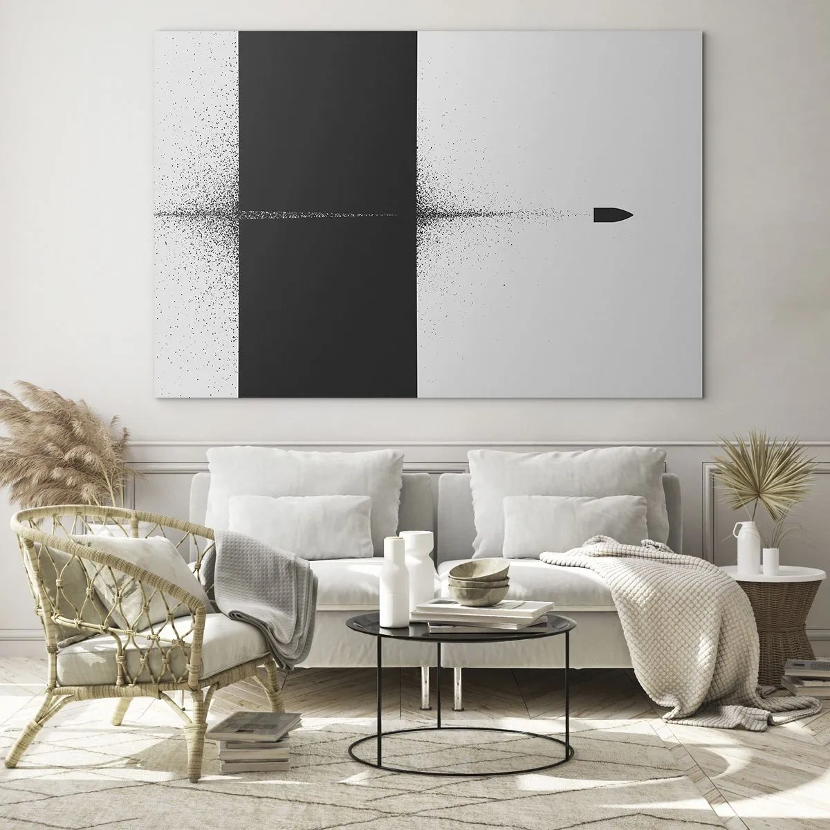 Tablou pe sticlă - O compoziție abstractă alb-negru cu o linie dinamică - 70x50cm - Direct la țintă - Decorațiune modernă pentru perete pentru living și dormitor ARTTOR