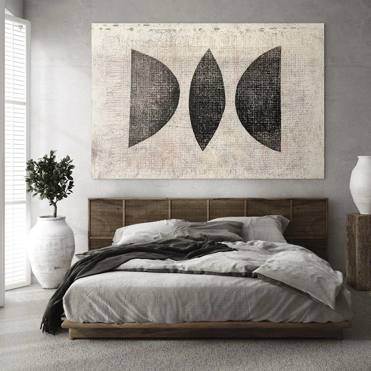Tablou pe sticlă - Forme geometrice negre pe un fundal bej - 70x50cm - Abstracție etnică - Decorațiune modernă pentru perete pentru living și dormitor ARTTOR