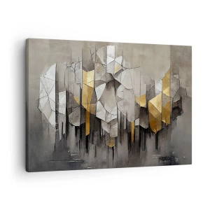 Tablou pe pânză Canvas - Abstracție geometrică în nuanțe de auriu și gri - 70x50cm - Compoziție de gheață și lumină - Decorațiune modernă pentru perete pentru living și dormitor ARTTOR