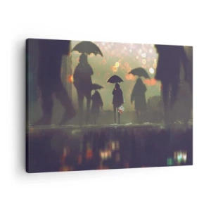 Tablou pe pânză Canvas - O figură cu o umbrelă într-o seară ploioasă printre luminile orașului - 70x50cm - Din perspectiva unei picături de ploaie - Decorațiune modernă pentru perete pentru living și dormitor ARTTOR