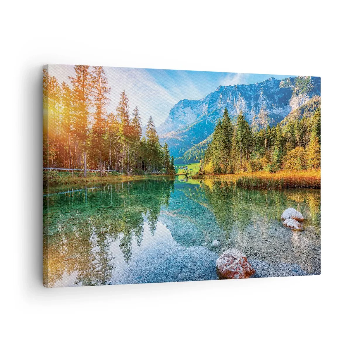 Tablou pe pânză Canvas - Un lac pitoresc înconjurat de munți și păduri - 70x50cm - Blândețea toamnei - Decorațiune modernă pentru perete pentru living și dormitor ARTTOR
