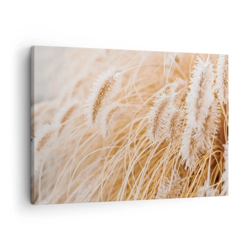 Tablou pe pânză Canvas - Prim-plan al ierburilor aurii și delicate în lumina soarelui - 70x50cm - Foșnetul auriu al ierburilor - Decorațiune modernă pentru perete pentru living și dormitor ARTTOR
