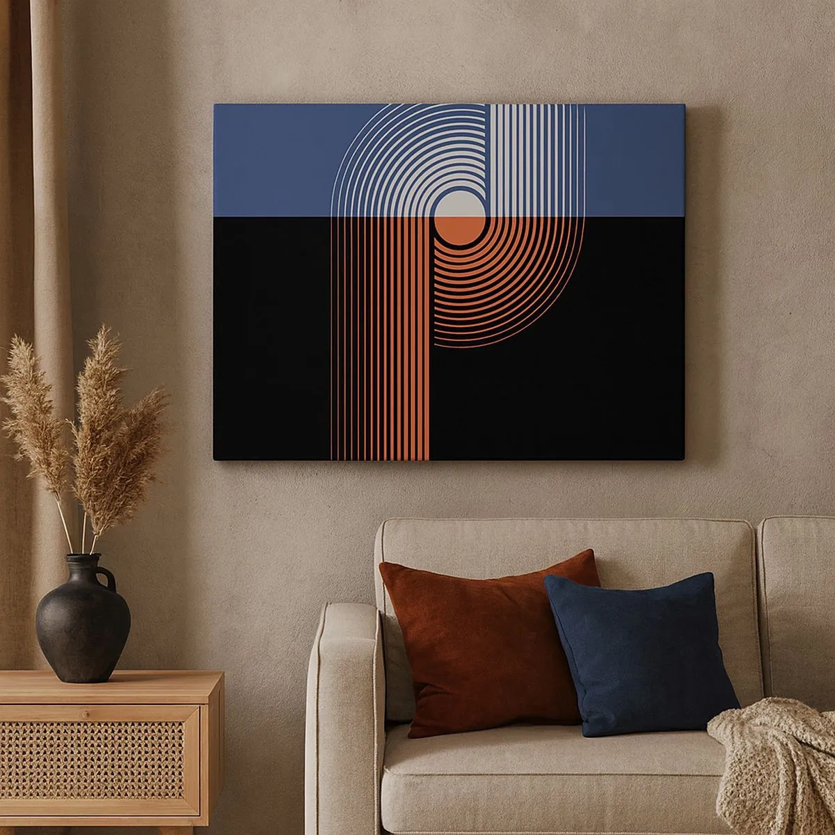 Tablou pe pânză Canvas - Abstracție geometrică cu linii în albastru marin și portocaliu. - 70x50cm - Într-o îmbrăţişare geometrică - Decorațiune modernă pentru perete pentru living și dormitor ARTTOR