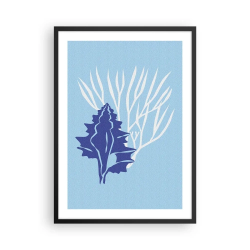 Poster în ramă neagră - Grafică nautică cu scoici și corali pe fundal albastru - 50x70cm - Forme cu frunze - Decorațiune modernă pentru perete pentru living și dormitor ARTTOR