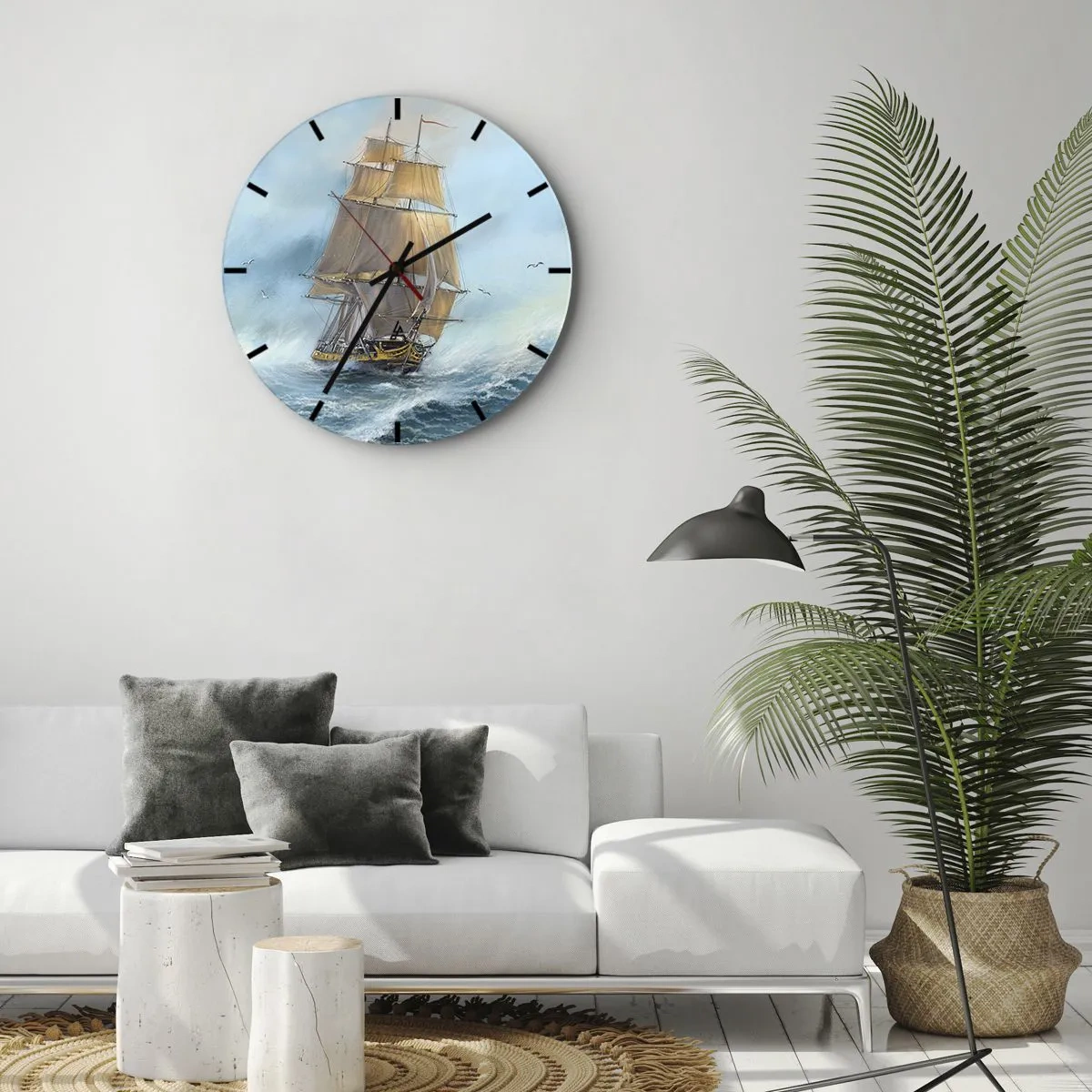 Ceas de perete - Ceas pe sticlă - O corabie cu pânze pe o mare furtunoasă într-un decor dinamic - 30x30cm - Rulează pe valuri - Decorațiune modernă pentru perete pentru living, bucătărie și dormitor ARTTOR
