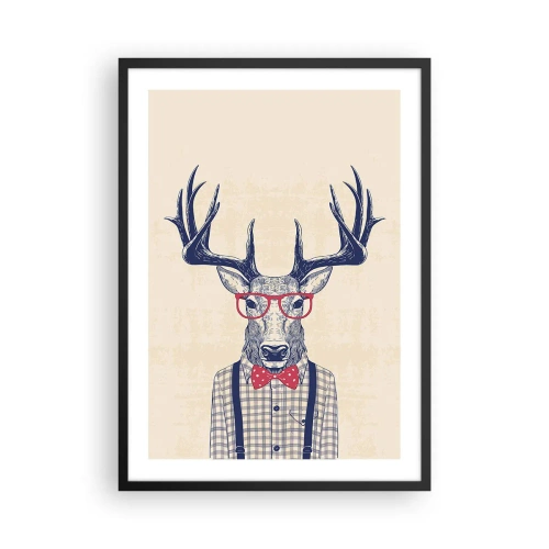 Poster în ramă neagră - Cerb elegant cu ochelari și papion pe fundal bej - 50x70cm - O extravaganță jucăușă - Decorațiune modernă pentru perete pentru living și dormitor ARTTOR