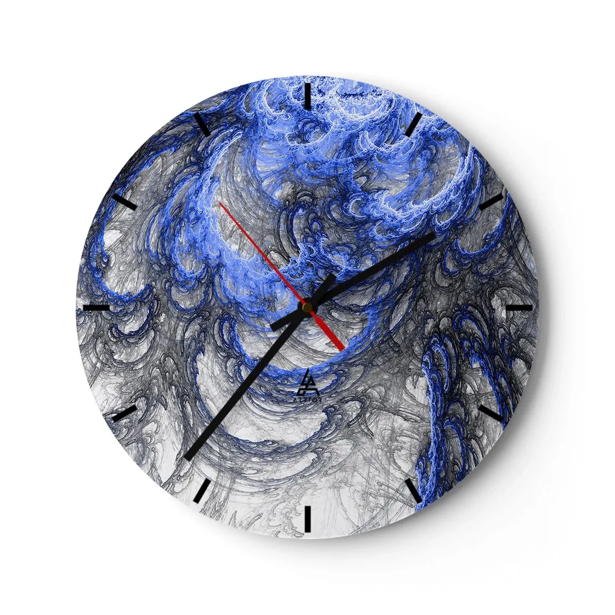 Ceas de perete - Ceas pe sticlă - Motiv abstract de val în nuanțe de albastru și gri - 30x30cm - Nașterea unui val - Decorațiune modernă pentru perete pentru living, bucătărie și dormitor ARTTOR