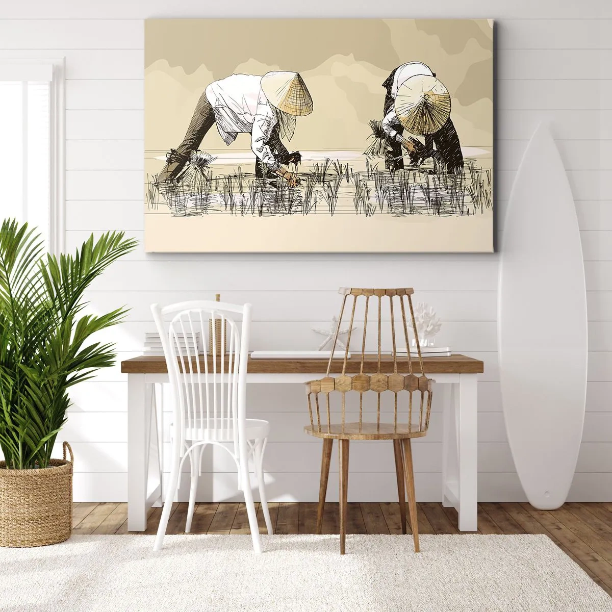 Tablou pe pânză Canvas - Fermieri care lucrează într-un câmp de orez purtând o coafură tradițională - 70x50cm - O recoltă reușită - Decorațiune modernă pentru perete pentru living și dormitor ARTTOR