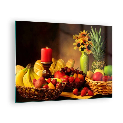Tablou pe sticlă - O compoziție de fructe, pâine și o lumânare în stil rustic - 70x50cm - Natură moarte cu pâine și fructe - Decorațiune modernă pentru perete pentru living și dormitor ARTTOR