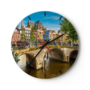 Ceas de perete - Ceas pe sticlă - Un pod pitoresc peste canal, înconjurat de clădiri și biciclete - 30x30cm - Primăvara lângă canal - Decorațiune modernă pentru perete pentru living, bucătărie și dormitor ARTTOR