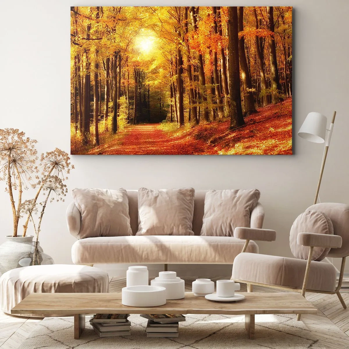 Tablou pe pânză Canvas - Pădure de toamnă cu raze de soare strălucind printre copaci - 70x50cm - Toamna de aur pe un drum forestier - Decorațiune modernă pentru perete pentru living și dormitor ARTTOR