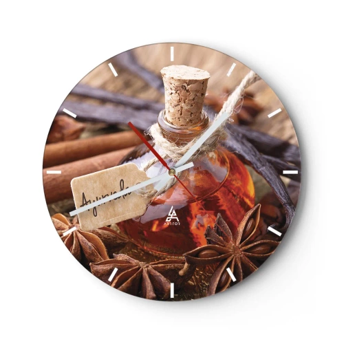 Ceas de perete - Ceas pe sticlă - O sticlă de condimente înconjurată de anason și vanilie - 30x30cm - Unitatea trupului și a spiritului - Decorațiune modernă pentru perete pentru living, bucătărie și dormitor ARTTOR