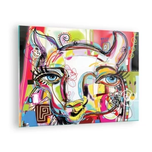 Tablou pe sticlă - Imagine abstractă a feței unei pisici într-o expresie artistică colorată - 70x50cm - Bogăția naturii feline - Decorațiune modernă pentru perete pentru living și dormitor ARTTOR