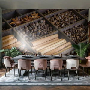 Tapet Standard Eco - Condimente și cafea în compartimente din lemn - 100x70cm - Tezaur de arome - Decorațiune modernă pentru perete pentru living și dormitor ARTTOR
