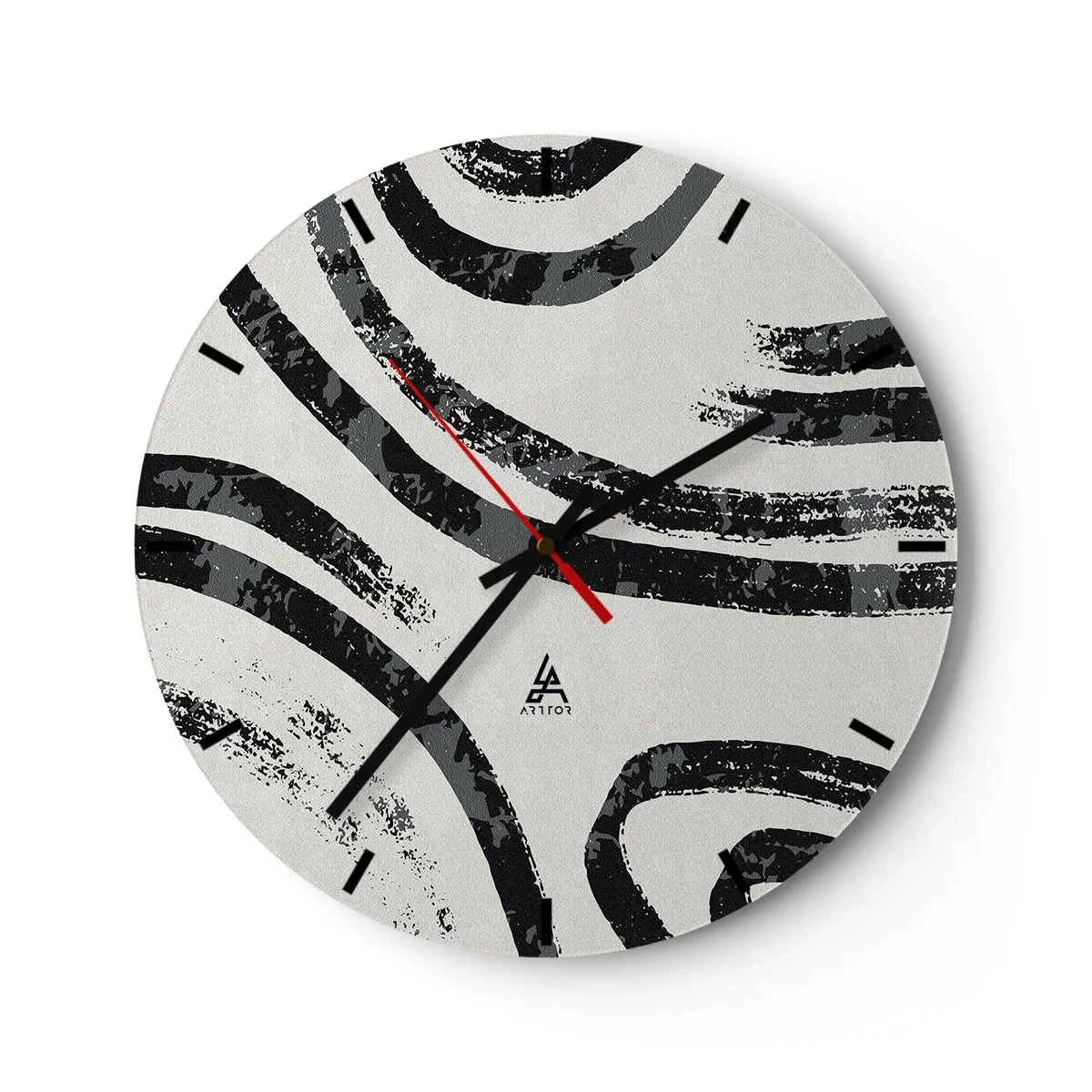Ceas de perete - Ceas pe sticlă - Arcuri negre și gri pe un fundal deschis, într-un stil minimalist - 30x30cm - Pe jumătate oprit - Decorațiune modernă pentru perete pentru living, bucătărie și dormitor ARTTOR