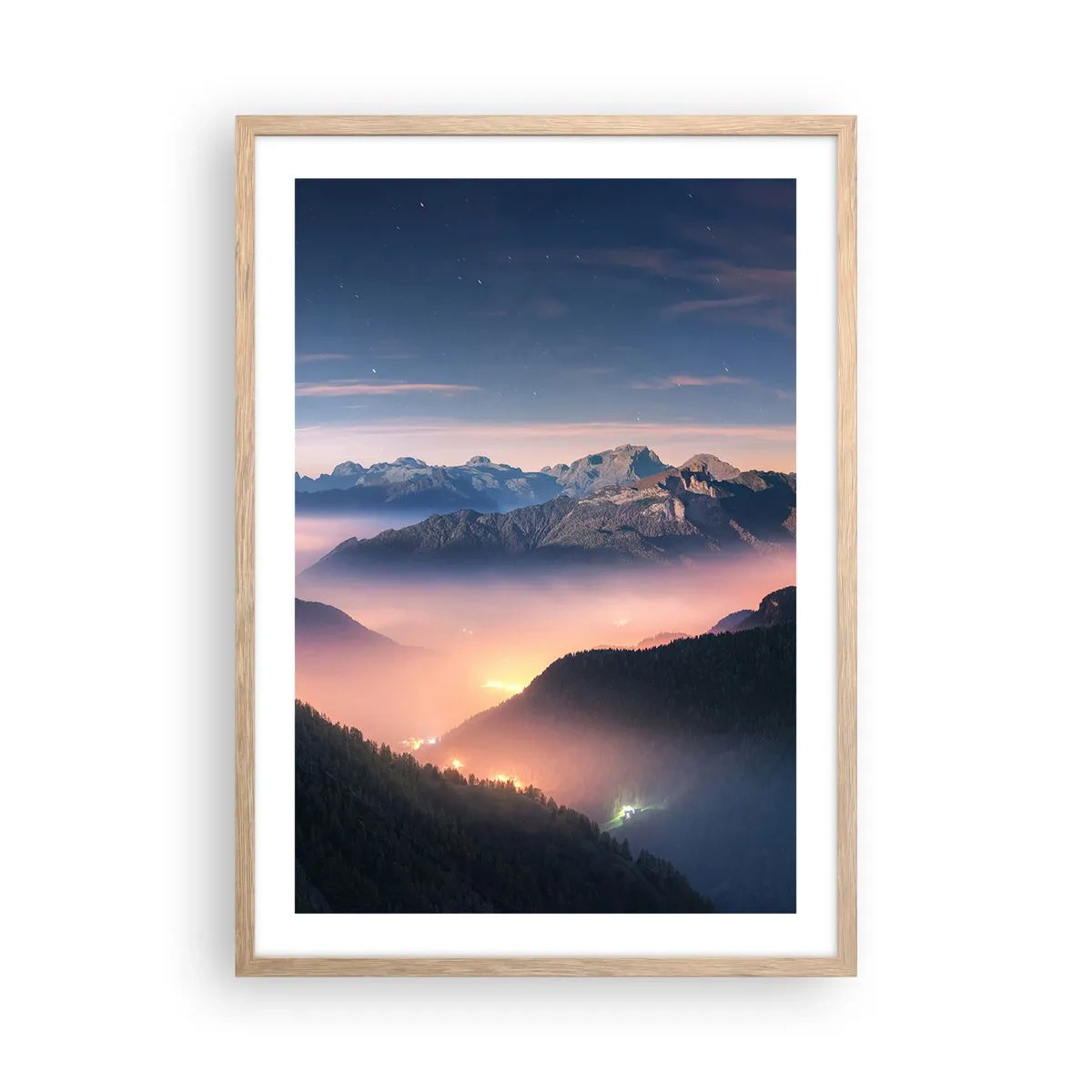 Poster în ramă de stejar deschis - Lumină în văi - 50x70 cm