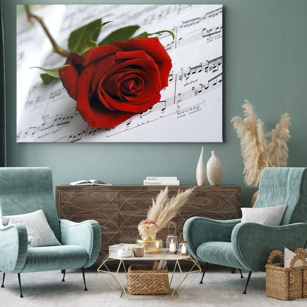 Tablou pe pânză Canvas - Un trandafir roșu pe un fundal de note muzicale pe hârtie albă. - 70x50cm - Muzica sentimentelor în stacojiu - Decorațiune modernă pentru perete pentru living și dormitor ARTTOR