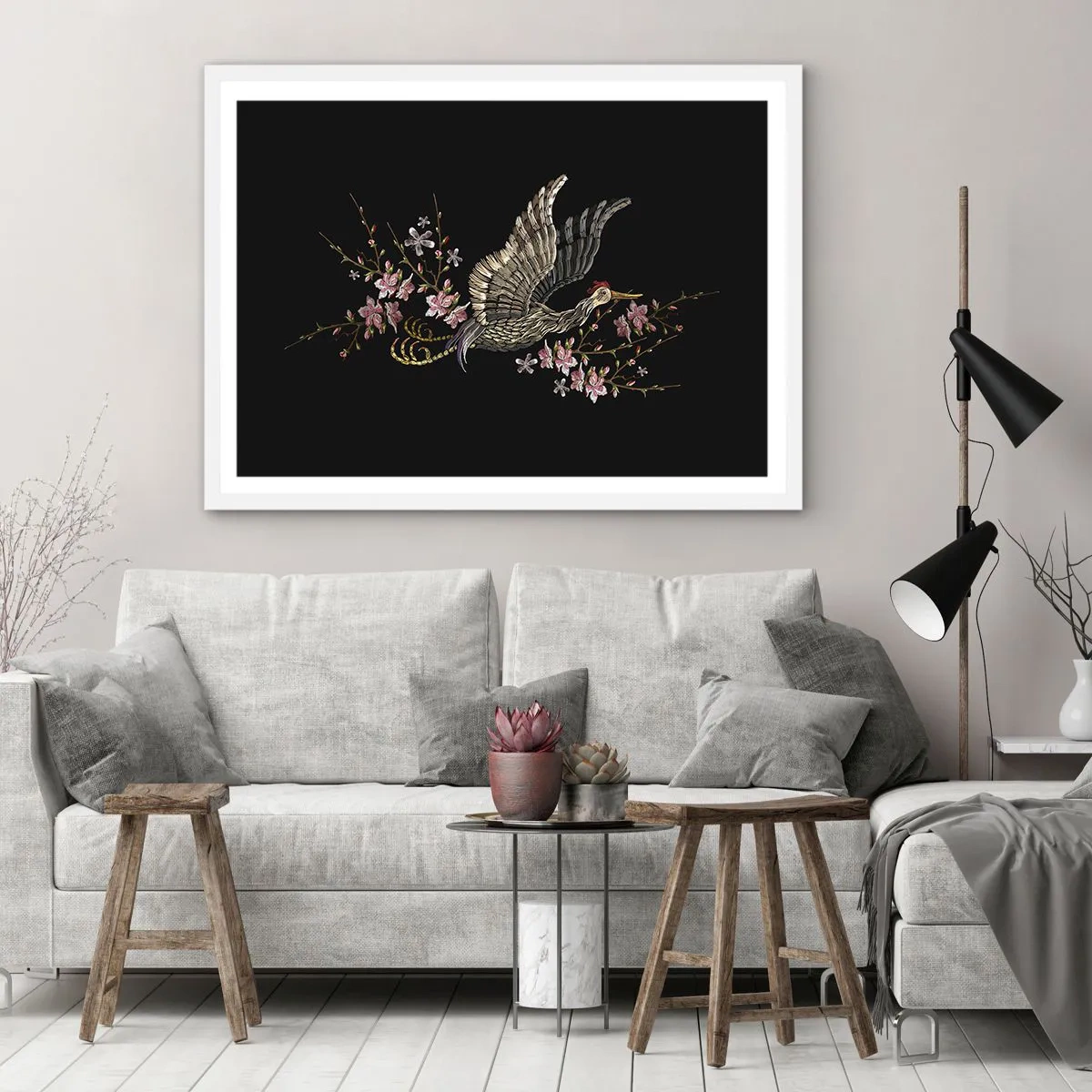 Poster în ramă albă - Pasăre exotică brodată - 40x30 cm