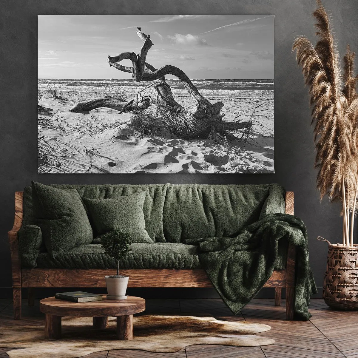 Tablou pe pânză Canvas - Peisaj alb-negru cu un copac mort pe plajă - 70x50cm - Sculptură marină - Decorațiune modernă pentru perete pentru living și dormitor ARTTOR