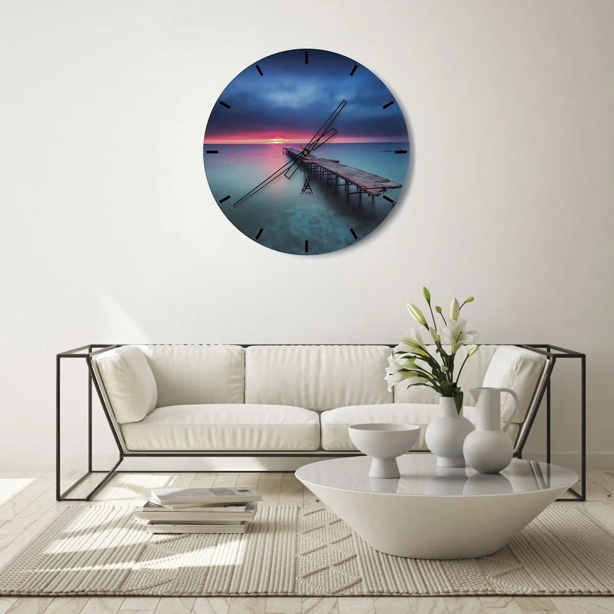 Ceas de perete - Ceas pe sticlă - Un debarcader din lemn peste o mare calmă la amurg - 30x30cm - Între cer și pământ - Decorațiune modernă pentru perete pentru living, bucătărie și dormitor ARTTOR