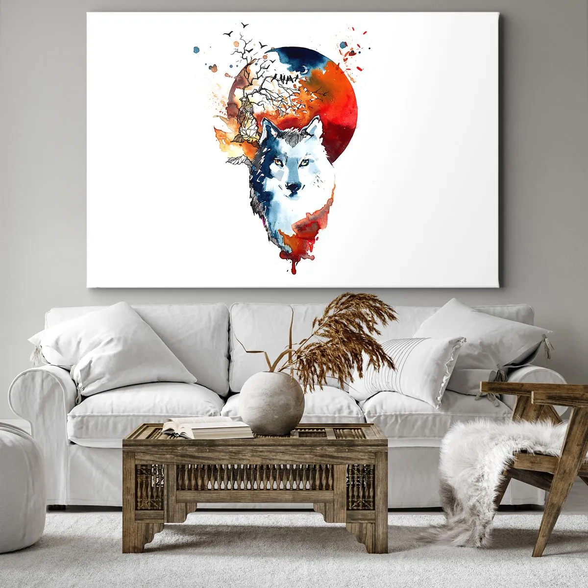 Tablou pe pânză Canvas - Pictură abstractă în acuarelă a unui lup pe fundalul unei luni roșii - 70x50cm - Bot în bot cu noaptea - Decorațiune modernă pentru perete pentru living și dormitor ARTTOR
