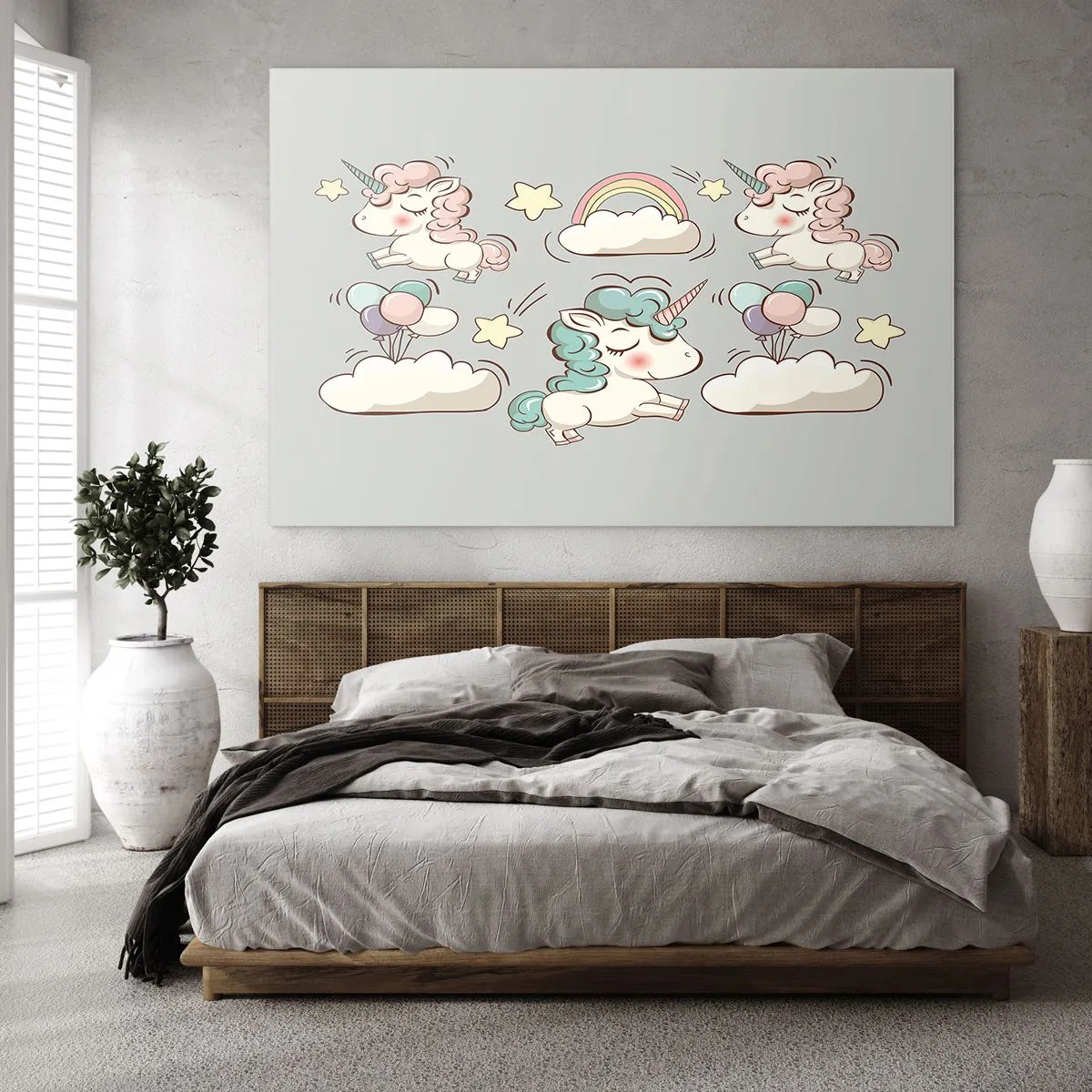 Tablou pe sticlă - Unicorni drăguți în nori cu curcubeu și baloane - 70x50cm - Există cu siguranță... - Decorațiune modernă pentru perete pentru living și dormitor ARTTOR