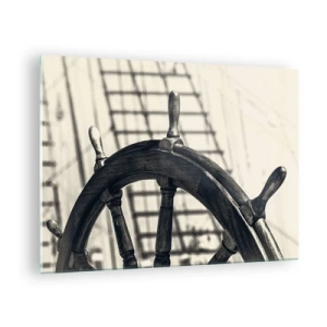 Tablou pe sticlă - Timonă nautică alb-negru - 70x50cm - Povești despre mare - Decorațiune modernă pentru perete pentru living și dormitor ARTTOR