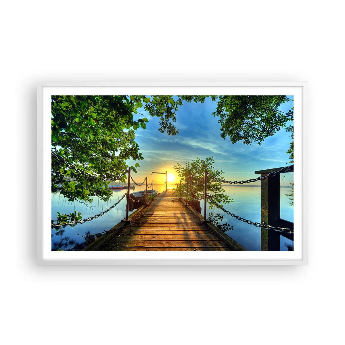 Poster în ramă albă - Apusul la malul apei - 91x61 cm